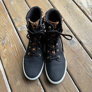 Timberland Skyla Bay 6 Inch Boot Black Leather Cheetah Calfskin Women's Size 10